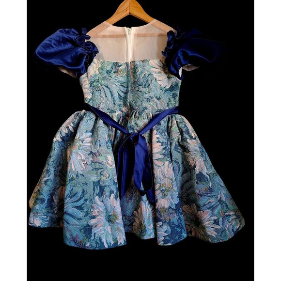 Vtg Girls Floral Tapestry Dress With Sheer Bodice & Navy Satin Puff Sleeves - Picture 10 of 15